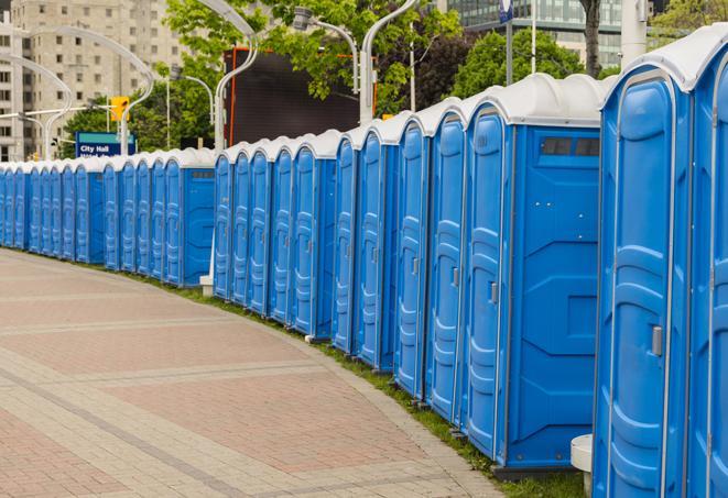 a line of portable restrooms at an outdoor wedding, catering to guests with style and comfort in Anoka, MN